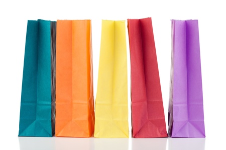Colored paper bags on a white backgroundの写真素材