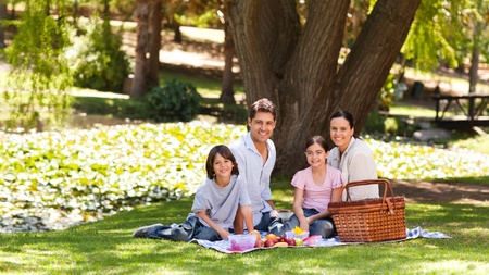 Joyful family picnicking in the parkの写真素材