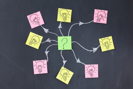 Empty color sticky notes bound to each other on a blackboardの写真素材