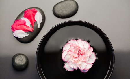 White and pink carnation floating on a bowl withblack stones around it and petals on one of the stoneの写真素材