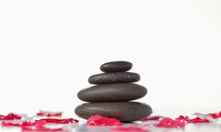 Pebbles stack and pink petalsの写真素材
