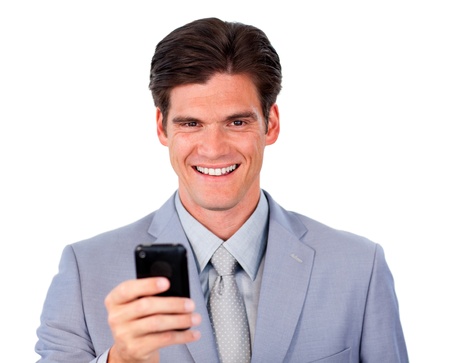 Positive businessman sending a messageの写真素材