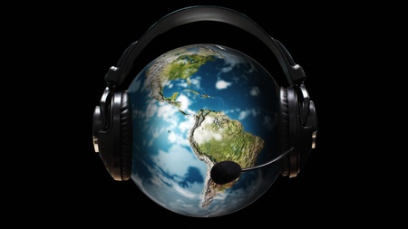 Ear Phones and ear Piece around a Globeの写真素材