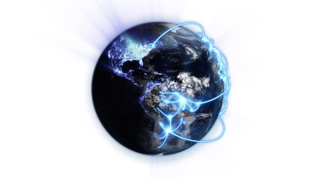 Illustrated blue connections on blurred earth against white background with an Earth image courtesy...