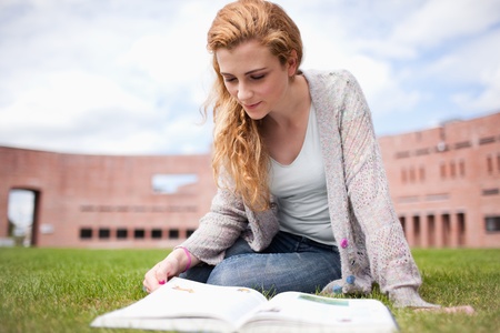 Woman reading a book while sitting on the lawnの写真素材