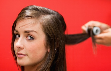 Woman having her hair rolled with a curlerの写真素材
