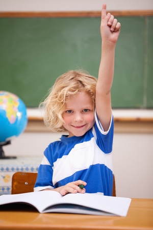 Portrait of a schoolboy raising his hand in a classroomの写真素材