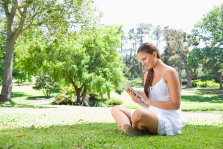 Side view of young woman on the lawn with her tablet computerの写真素材