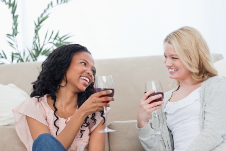 Two women are talking and drinking wine while sitting on the floorの写真素材