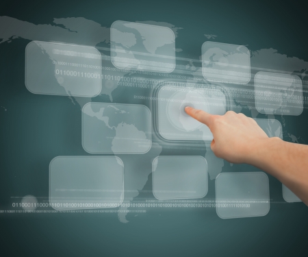 Finger touching one digital button against grey background