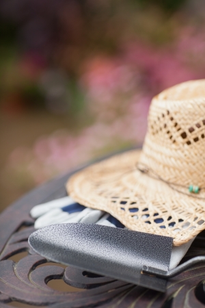 Gardening equipment on a chairの写真素材