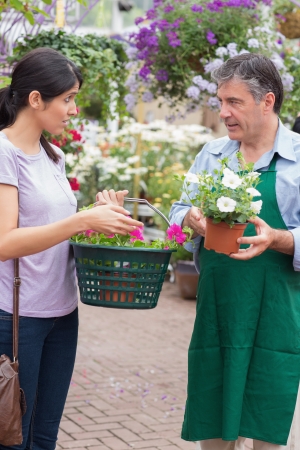 Woman talking to garden center employee holding a basketの写真素材