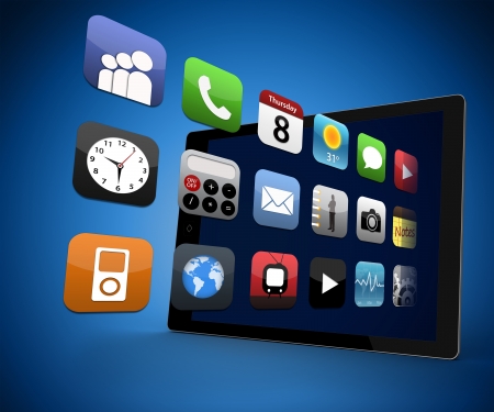 Tablet computer with applications standing against dark blue backgroundの写真素材