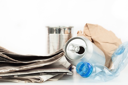 Recyclable rubbish on white backgroundの写真素材