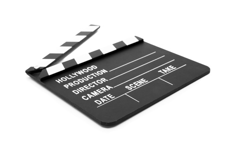 Film slate lying open against white backgroundの写真素材