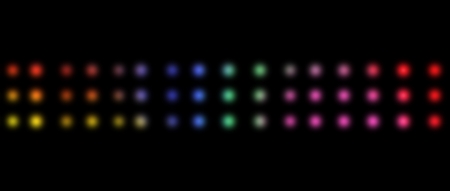 Three lines of multicolored dots against a black background