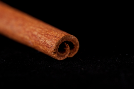 Close up of a cinnamon stick against a black backgroundの写真素材