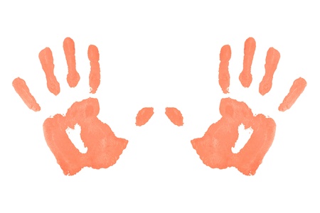 Two red symmetric handprints against a white backgroundの写真素材