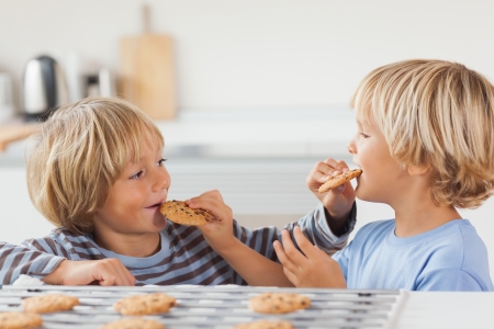Brothers eating cookies together in the kitchenの写真素材
