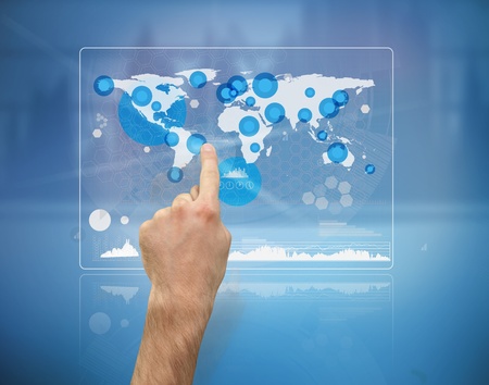 Hand pointing a futuristic screen with the world map and statistics