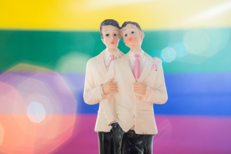 Gay groom wedding cake topper on rainbow backgroundの写真素材