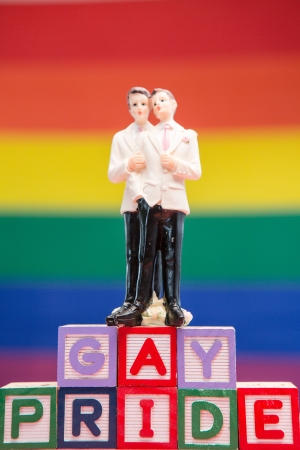 Gay groom cake topper on blocks spelling gay pride on rainbow backgroundの写真素材