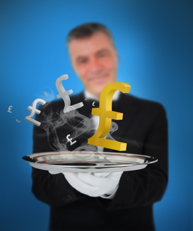 Waiter offering smoking pound symbols on blue backgroundの写真素材