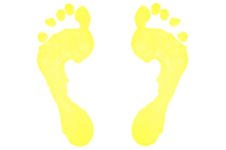 Two yellow footprints against a white background