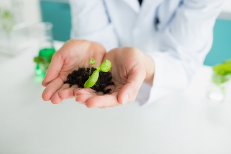 Woman holding soil and plants at the laboratory