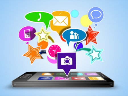 Smartphone with modern applications over on blue backgroundの写真素材