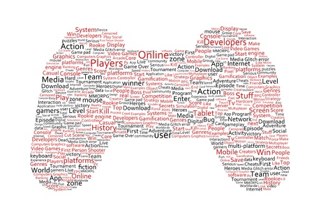 Various red words representing a joystick on white background