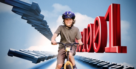 Little boy on a bike with binary code in red and blue in the skyの写真素材