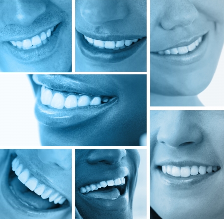 Collage of white smiles in blue tint on white backgroundの写真素材