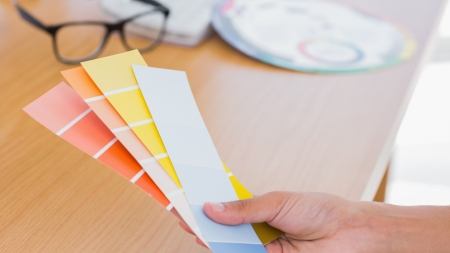 Hand holding colour charts over a deskの写真素材