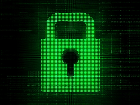 Green digital padlock on grid backgroundの写真素材