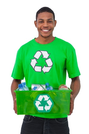 Man holding box of recyclables on white backgroundの写真素材