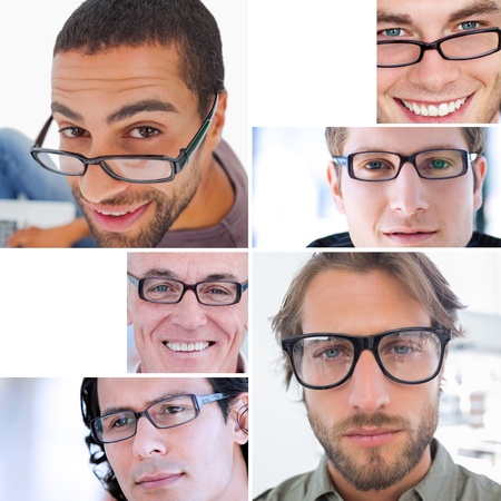 Collage of different pictures of attractive men wearing reading glassesの写真素材
