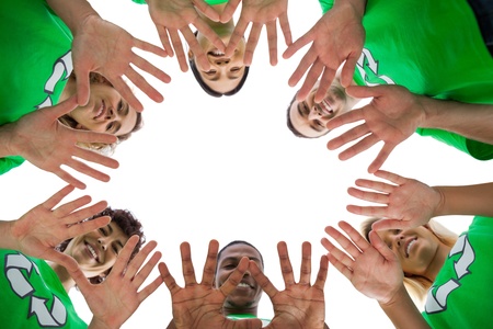 Low angle view of environmental activists on white backgroundの写真素材