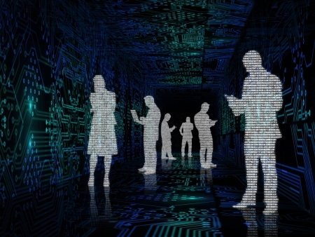 Silhouette of business people made with binary codes in the middle of circuit boardの写真素材