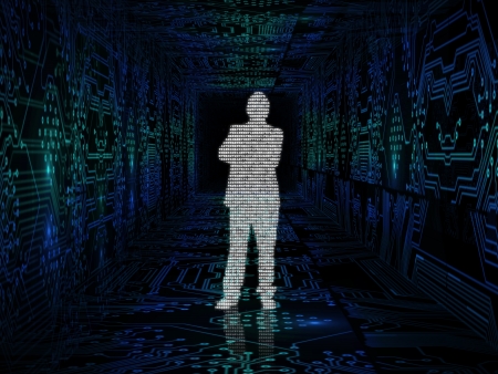 Businessman made with binary codes standing in the middle of circuit boardの写真素材