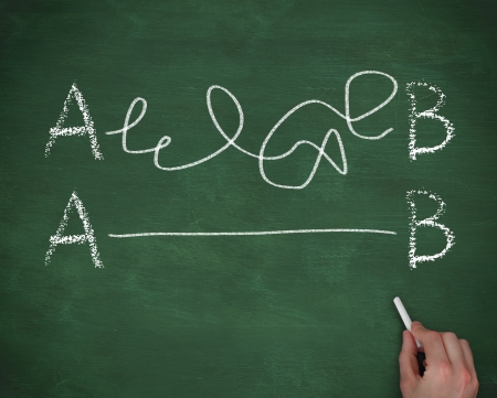 Hand connecting the letter A to the letter B on chalkboardの写真素材