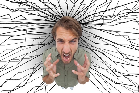 Frustrated man gesturing and yelling with lines drawn on the background