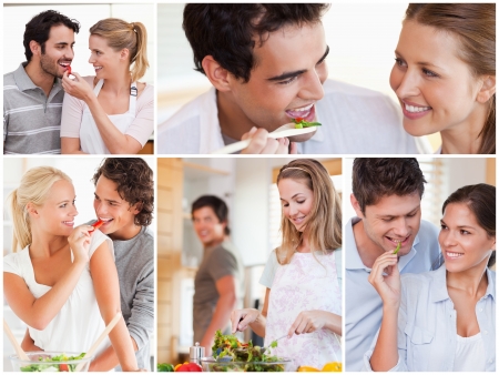 Collage of lovely couples eating saladの写真素材