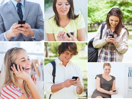 Collage of various people on the phoneの写真素材