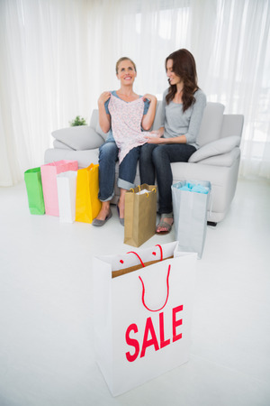 Women sitting on the sofa with purchase and shopping bag on foregroundの写真素材