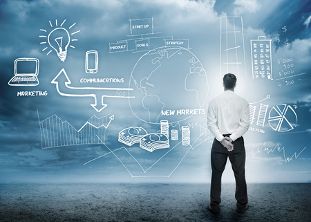 Businessman considering a brainstorm for marketing in cloudy landscape Businessman considering a brainstorm for marketing in cloudy landscape