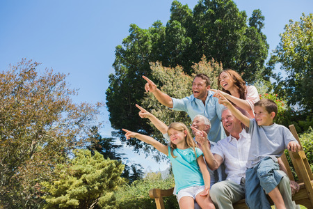Nice family and grandparents on a bench pointing into the sky の写真素材