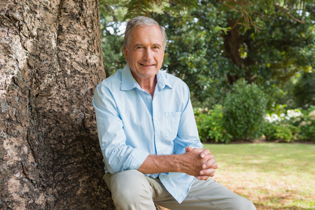 Cheerful mature man sitting on tree trunk smiling at camera in the parkの写真素材