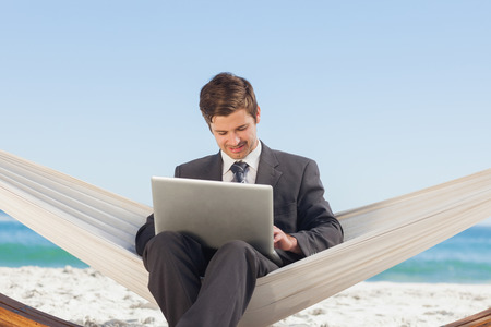 Businessman typing on his laptop in a hammock on a sunny beachの写真素材