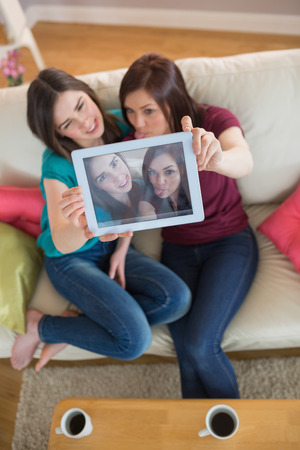 Two pretty friends on the couch taking a selfie with tablet pc at home in the living roomの写真素材